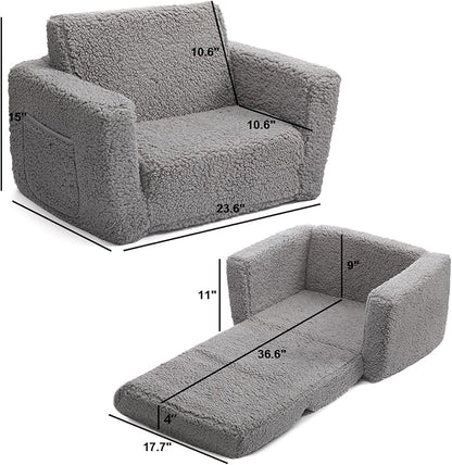 ALIMORDEN 2-in-1 Flip Out Cuddly Sherpa Toddler Couch, Convertible Sofa to Lounger, Grey