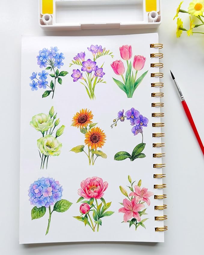 Watercolor Workbook 15 Beautiful Flowers Paintings for Adults &Teens Beginners,Water Coloring Book 140lb Cold Press Cotton Watercolor Paper-Ideal Gifts to Spark Creativity Stress Relief(10.2" x 6.9")