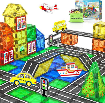 Magnetic Tiles Road Toys for 3+ Year Old Toddler, Magnetic Blocks Building Toys for Kids Ages 3-5 5-7 Girls Boys, STEM Montessori Sensory Toys, Classroom Must Haves