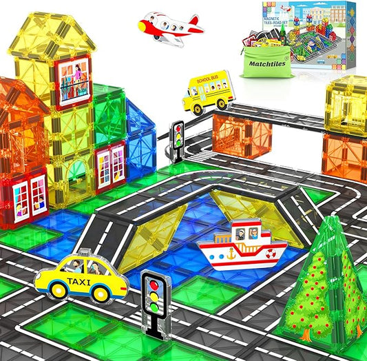 Magnetic Tiles Road Toys for 3+ Year Old Toddler, Magnetic Blocks Building Toys for Kids Ages 3-5 5-7 Girls Boys, STEM Montessori Sensory Toys, Classroom Must Haves