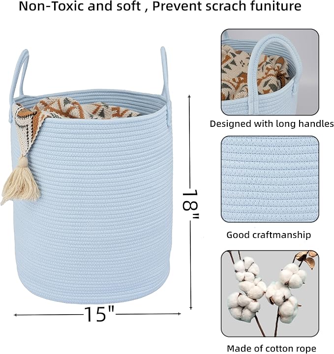 XUANGUO Cotton Rope Laundry Basket Hamper for Clothes Woven Storage Basket for Living Room Bedroom Boho Tall Rope Baskets for Blanket Toys Pillow Towels Baby Nursery Hamper Bin light blue