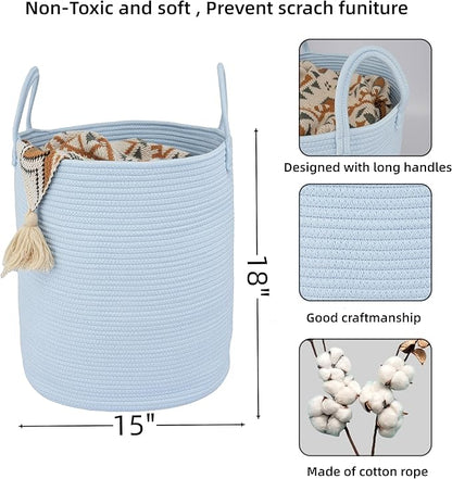XUANGUO Cotton Rope Laundry Basket Hamper for Clothes Woven Storage Basket for Living Room Bedroom Boho Tall Rope Baskets for Blanket Toys Pillow Towels Baby Nursery Hamper Bin light blue