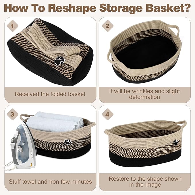 Optish Dog Toy Basket, Toy Box and Bin for Dog Cat Storage, 19.7" X 11" X 7.9" (30L) Large Woven Rope Basket for Blanket Storage, Living Room, Bedroom, Black & Brown