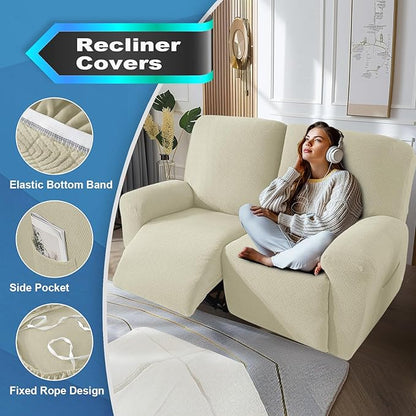 JIVINER 4 Pieces Recliner Loveseat Covers Stretch Recliner Sofa Slipcover with Elastic Bottom Jacquard Fitted Reclining Couch Cover Furniture Protector with Pockets (2 Seater, Beige)
