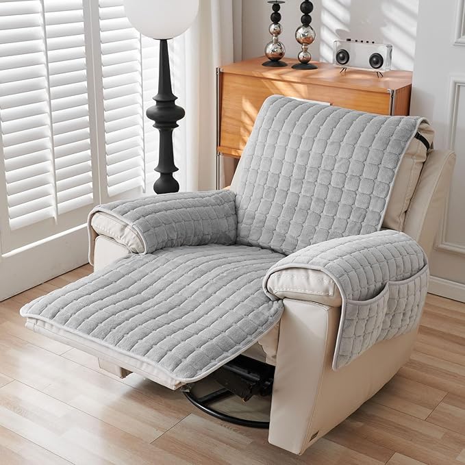 Quilted Recliner Chair Covers, Plush Non Slip Chair Slipcover Soft Washable Couch Cover Furniture Protector with Elastic Straps and Pocket for Kids, Dogs, Pets (Grey, 1 Seater)