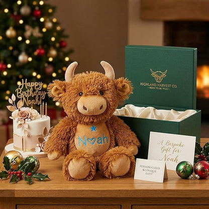 Personalized Highland Cow Stuffed Animal - Custom Name & Date Embroidered Plush Toy - Soft Farm Cow Nursery Decor, Baby Shower & Birthday Keepsake Gift for Boys Girls (10/13/16 Inch)