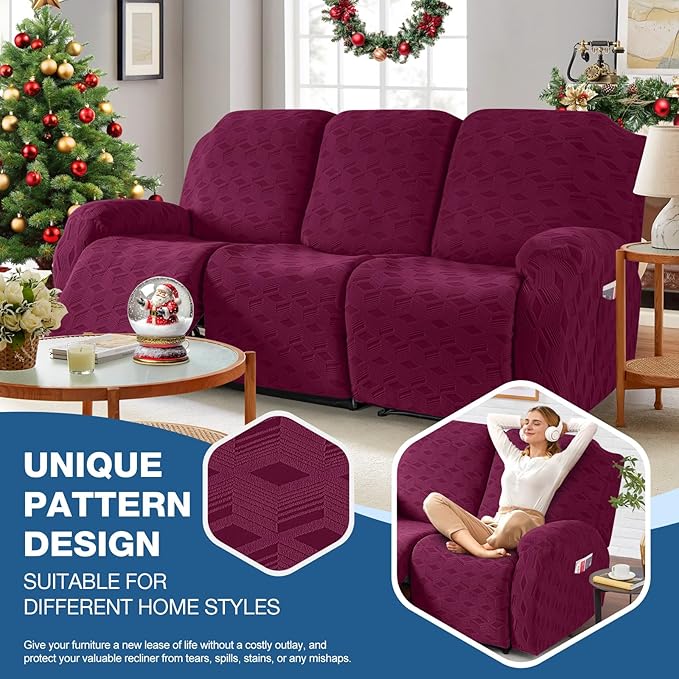 TAOCOCO Recliner Sofa Covers Stretch Reclining Couch Cover, Jacquard Recliner Couch Cover for 3 Seat Furniture Protector Sofa Slipcovers with Elastic Bottom for Kids, Pets (Burgundy)