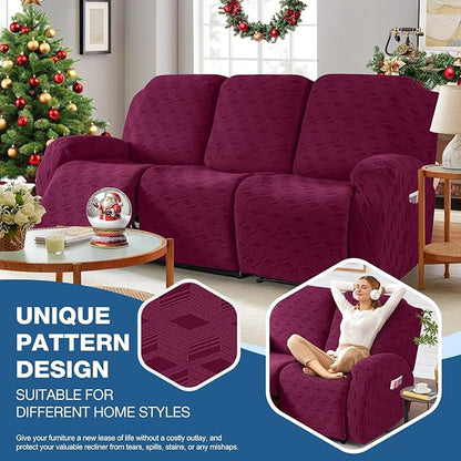 TAOCOCO Recliner Sofa Covers Stretch Reclining Couch Cover, Jacquard Recliner Couch Cover for 3 Seat Furniture Protector Sofa Slipcovers with Elastic Bottom for Kids, Pets (Burgundy)