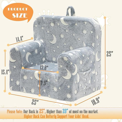 Snuggly-Soft Cuddly Toddler Plush Armchair for Boys and Girls Fuzzy Plush Kids Sofa Couch Reading Chair with Children Friendly Handle for Easy Movement & Double Pockets for Storage, Glowing Grey