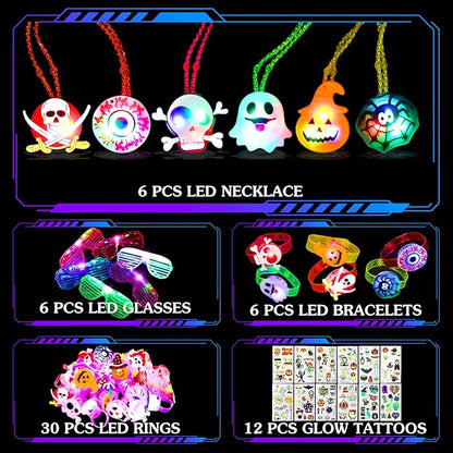 Halloween Light Up Toys Party Favors - 60PCS LED Trick or Treat Party Suppliers for Kids Gift Exchange Classroom Halloween Goodie Bag Fillers Glasses Bracelets Necklace Rings and Tattoos