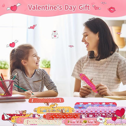 Valentines Day Gifts for Kids,24Packs Valentines Cards with Slap Bracelets Bulk,Cute Valentines Bracelet for Classroom Prizes,School Exchange Gifts Party Favors,Goodie Bags Stuffers