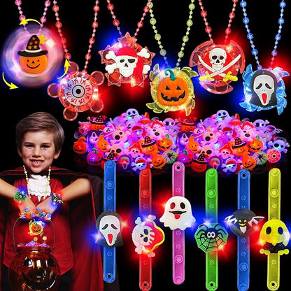 62 Pcs Halloween Party Favors for Kids Rotating Fidget Spin Light up Necklaces LED Bracelets Flash Rings Halloween Toys Glow in The Dark Halloween Party Supplies Gift Halloween Treat Goodie Bag Filler