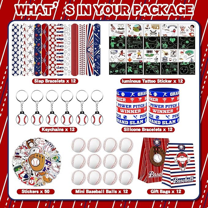 122Pcs Baseball Party Favors Baseball Goodie Bags Favors with Stress Ball Keychain Tattoo Sticker Silicone Bracelet for Baseball Themed Birthday Party Supplies