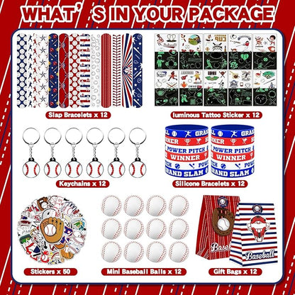 122Pcs Baseball Party Favors Baseball Goodie Bags Favors with Stress Ball Keychain Tattoo Sticker Silicone Bracelet for Baseball Themed Birthday Party Supplies
