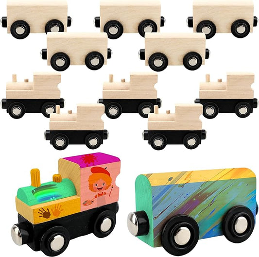12 Pcs Wooden Trains Toys Unpainted Wood Train Cars Weak Magnetic Suction Paintable Wooden Railway for Kids Educational Toys Birthday Christmas Party Gifts (Style Set 4)