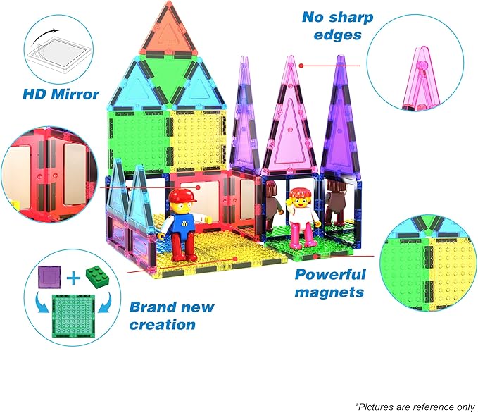 PicassoTiles 63 Pcs Magnetic Building Block Tiles with 2 Character Figures Construction Stacking STEM 3D Toy Set Creative Educational Learning Kit Magnet Montessori Playset for Kids & Toddlers Ages 3+