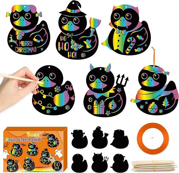 CY2CSIDE Christmas Ducks Scratch Cards - 60PCS Xmas Duckies Ornament Scratch Card Gift Set for Kid DIY Xmas Duck Magic Art Color Craft Kit for Kids School Activities Merry Christmas Gifts