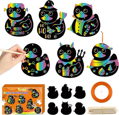 CY2CSIDE Christmas Ducks Scratch Cards - 60PCS Xmas Duckies Ornament Scratch Card Gift Set for Kid DIY Xmas Duck Magic Art Color Craft Kit for Kids School Activities Merry Christmas Gifts