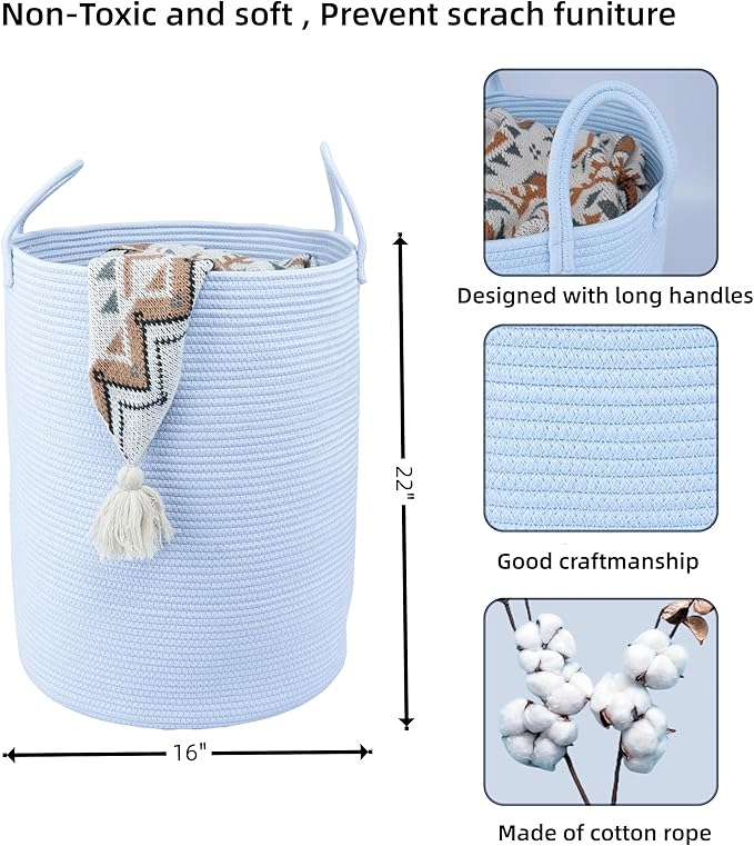 XUANGUO Cotton Rope Laundry Basket Hamper for Clothes Woven Storage Basket for Living Room Bedroom Boho Tall Rope Baskets for Blanket Toys Pillow Towels Baby Nursery Hamper Bin light blue Large