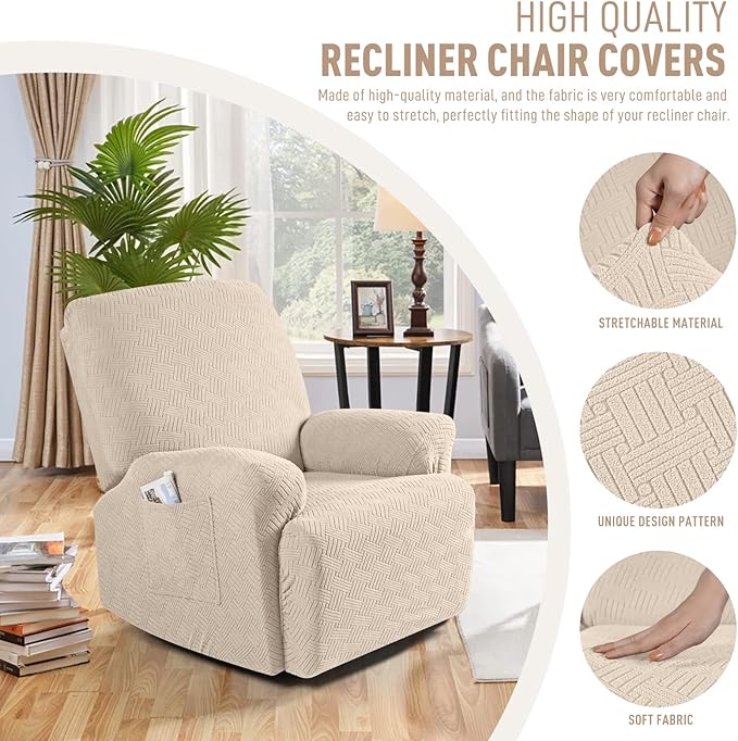 KinCam Recliner Covers, Stretch Reclining Chair Covers, Recliner Sofa Slipcovers Stripe Jacquard Recliner Couch Covers Furniture Protector Covers for Pet Kid (1 Seater, Vanilla)