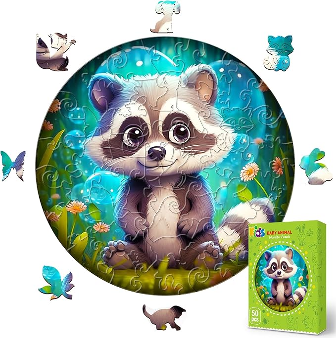 Wooden Jigsaw Puzzles for Kids Ages 4-6, 50 Piece Unique Shape Animal Theme Puzzle - Preschool Learning Educational Toys for Kids 3+, Valentines Day Birthday Easter Gifts for Kids Girls Boys (raccoon)