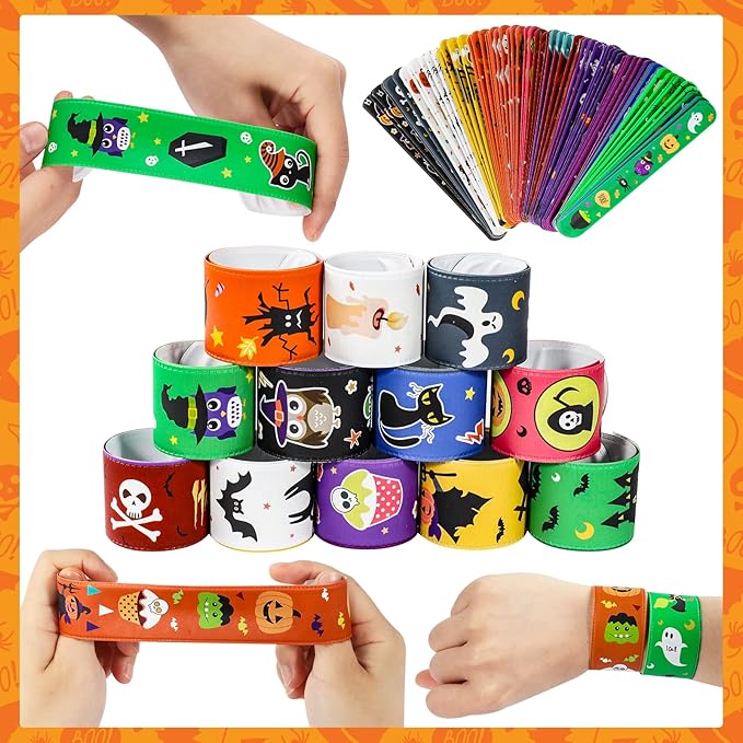 MGparty 72PCS Halloween Slap Bracelets 24 Halloween Theme Designs Spider Pumpkin Ghost Zombie Bat Witches Snap Bracelet for Kids Party Favors Toys Prizes Pinata Goodie Bags Fillers