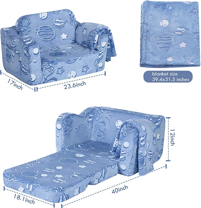 MeMoreCool Toddler Fold-Out Chair for Girls Boys, Glow-in-The-Dark Folding Baby Couch, Convertible Plush Recliner Lounger for Kids Playroom (Glowing Astronaut)