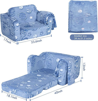 MeMoreCool Toddler Fold-Out Chair for Girls Boys, Glow-in-The-Dark Folding Baby Couch, Convertible Plush Recliner Lounger for Kids Playroom (Glowing Astronaut)