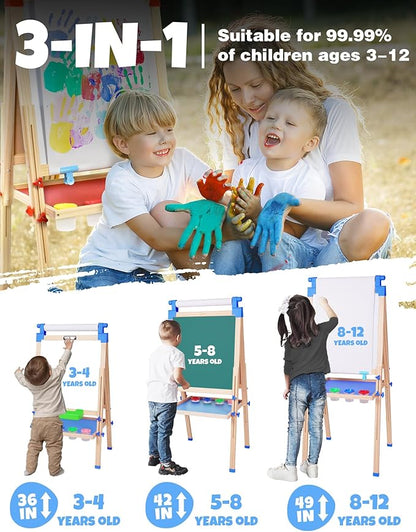 JOYOOSS Easel for Kids Art Easel Kids Easels for Toddlers,Wooden Kid Easel with Paper Roll - Adjustable Magnetic Double Sided Kids Dry Erase Board, Birthday Gifts for 1-12 Year Old Girls or Boys Blue