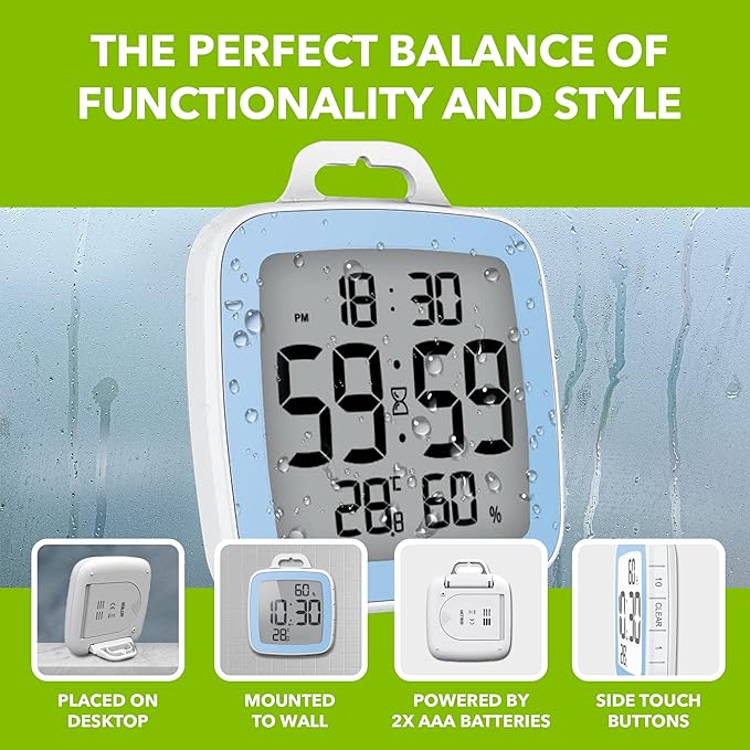 BALDR Digital Bathroom Clock with Timer - Waterproof Shower Clock with Time and Temperature - Waterproof Shower Timer for Kids and Adults - Bathroom Timer, Digital Shower Clocks for Bathroom (Blue)