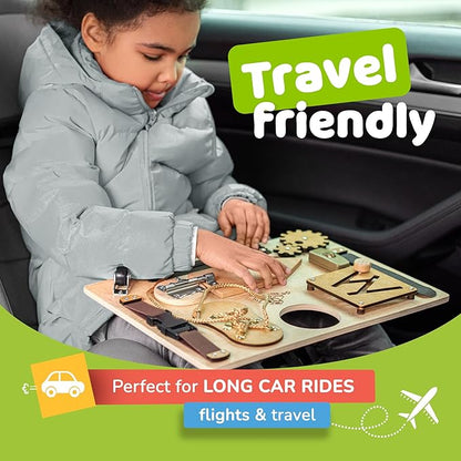 Busy Board Montessori Toys for Toddlers, Sensory Wooden Toy with 10 Preschool Learning Activities for Fine Motor Skills, Educational Plane and Car Travel Toy for Toddlers Boys and Girls
