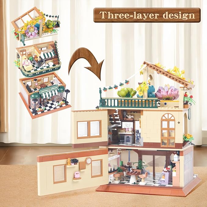1470PCS Coffee Shop House Architecture Building Set(Not Compatible with Lego House Size,3.6MM Mini Bricks),Cafe Shop City Construction Building Model Kit,Unique Collection Present Toy for 6+
