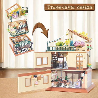 1470PCS Coffee Shop House Architecture Building Set(Not Compatible with Lego House Size,3.6MM Mini Bricks),Cafe Shop City Construction Building Model Kit,Unique Collection Present Toy for 6+