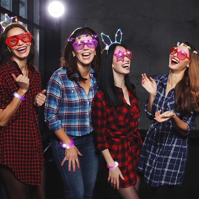 ADXCO 60 Pieces Glow in the Dark Party Supplies Neon Party Favor LED Light Up Party Favors with Flashing Glasses Flower Headband Crown Bracelets Rabbit Cat Ear Headband for Neon Party