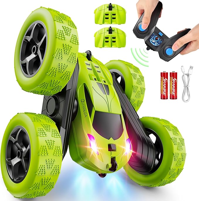 QUNREDA Remote Control Car for Kids Ages 6+, RC Cars Stunt Car Toy 4WD Double Sided 360° Rotating Remote Control with Headlights, Birthday Xmas Gifts for Boys 6 7 8 9 10 11 12 Green