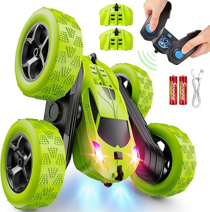 QUNREDA Remote Control Car for Kids Ages 6+, RC Cars Stunt Car Toy 4WD Double Sided 360° Rotating Remote Control with Headlights, Birthday Xmas Gifts for Boys 6 7 8 9 10 11 12 Green