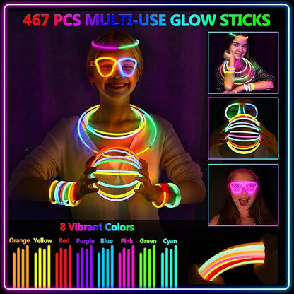 BUDI 467Pcs Glow Sticks Party Favors for Kids Adults 200 GlowStick Bulk 8 Colors 8 Inch & 267 Connectors for Glow in the dark Necklace Bracelets Glasses Party Supplies Light Up Toys Neon Accessories