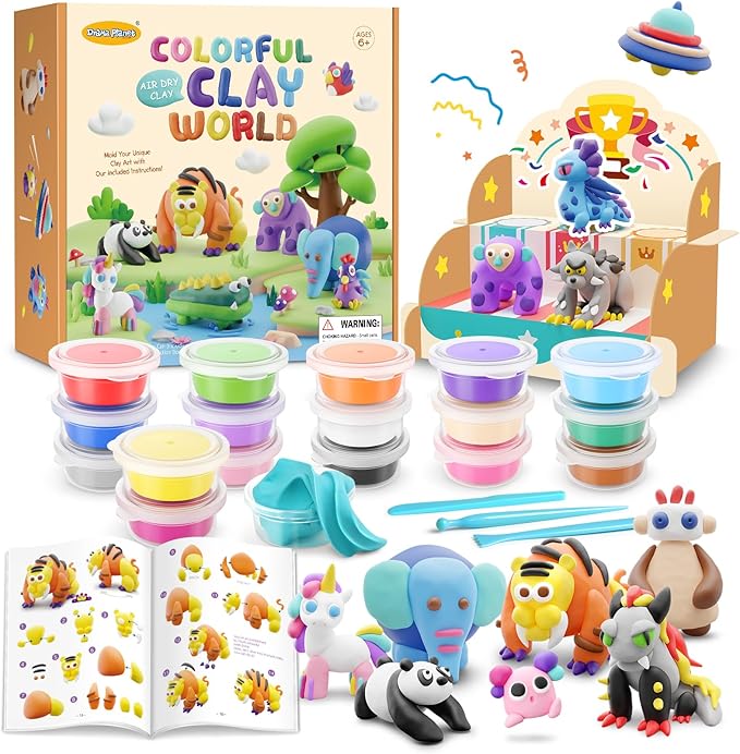 Air Dry Clay Kit for Kids - Comes with Instructional Guide Featuring 4 Scenes & 26 Projects Tutorials, 18 Cans of Modeling Clay, Includes Display Stand, Gift for Girls and Boys