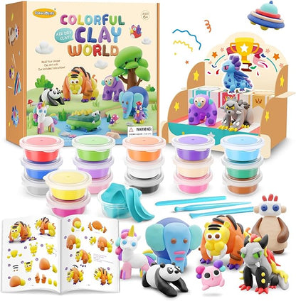 Air Dry Clay Kit for Kids - Comes with Instructional Guide Featuring 4 Scenes & 26 Projects Tutorials, 18 Cans of Modeling Clay, Includes Display Stand, Gift for Girls and Boys