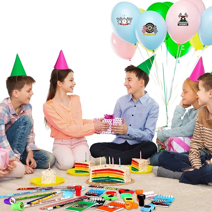 Shappy 84 Pcs Race Car Party Favors Racing Stationery Set Spiral Notebook Slap Bracelets Pencils Erasers Sharpeners Stampers Organza Bags for Racing Theme Classroom Prize Gift Birthday Party Supplies