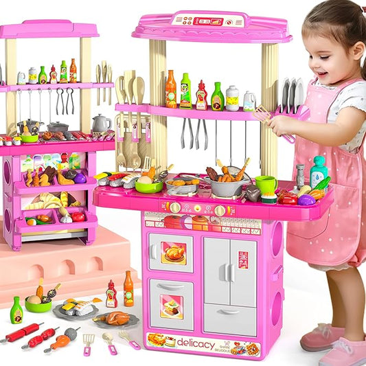 Pretend Play Kitchen Toys for Kid Age 3 4 5 6 7 - Double Sided Kitchen Appliance with Toy Accessories for Girls, Cooking Toys for Kids Ages 3, Gifts Toy for 3 4 5 6 Years Old Girls (Large)