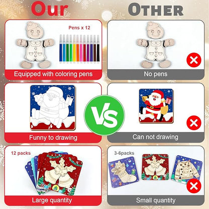 12 Pack Christmas Wooden Puzzles for Toddlers Christmas Puzzles Coloring Craft Kit for Kids Christmas Stocking Stuffers Crafts Toys Winter Xmas Party Favors Gifts Jigsaw Puzzle