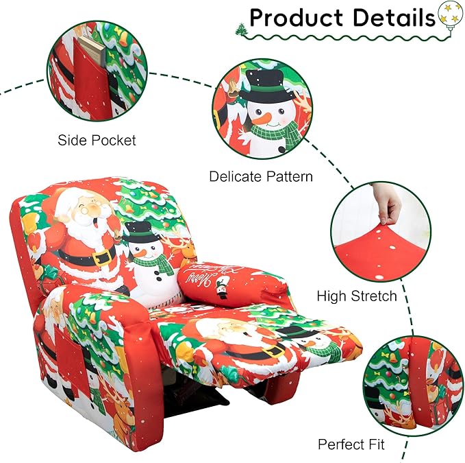 Recliner Chair Covers Christmas Recliner Slipcover Furniture Protector for Recliner with Elastic Bottom 4 -Pieces Stretch Lazy-Boy Recliner Slipcover with Side Pocket Anti-Slip (Christmas Red)