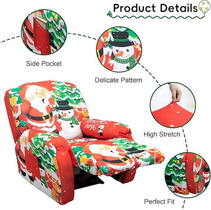 Recliner Chair Covers Christmas Recliner Slipcover Furniture Protector for Recliner with Elastic Bottom 4 -Pieces Stretch Lazy-Boy Recliner Slipcover with Side Pocket Anti-Slip (Christmas Red)