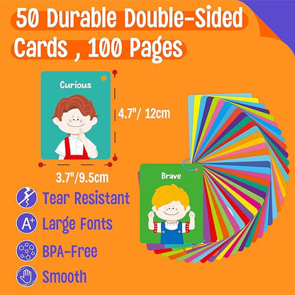 Emotions Flashcards, 50 Different Feelings with Coping Skills-Learn to Identify Various Moods, Cartoon Faces Emotions for Kids with Autism, ADHD -Emotion Flipbook for Therapy, Home Use