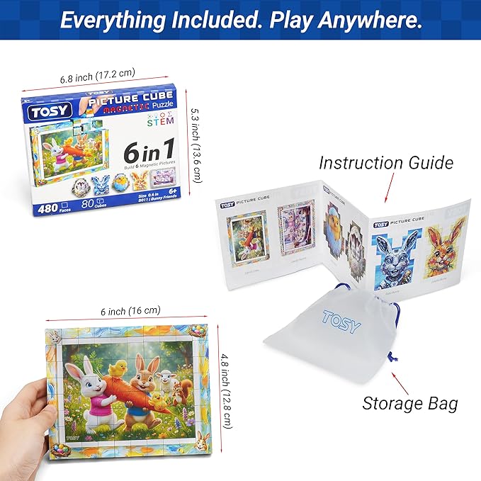 TOSY Picture Cube Bunny Friends: 6-in-1 Magnetic Picture Puzzle, Easter Basket Stuffers STEM Gift for Kids & Adults, 80 Blocks, 488 Faces/Magnets, 0.6in, B011, Seamless UV Art, Display-Ready Frame