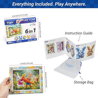 TOSY Picture Cube Bunny Friends: 6-in-1 Magnetic Picture Puzzle, Easter Basket Stuffers STEM Gift for Kids & Adults, 80 Blocks, 488 Faces/Magnets, 0.6in, B011, Seamless UV Art, Display-Ready Frame