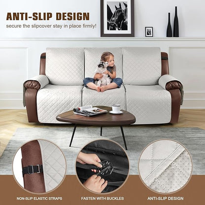 KinCam 100% Waterproof Recliner Sofa Covers, Non-Slip Reclining Couch Covers for 3 Seat, Recliner Couch Cover Furniture Protector with Elastic Straps for Pets, Kids, Beige White