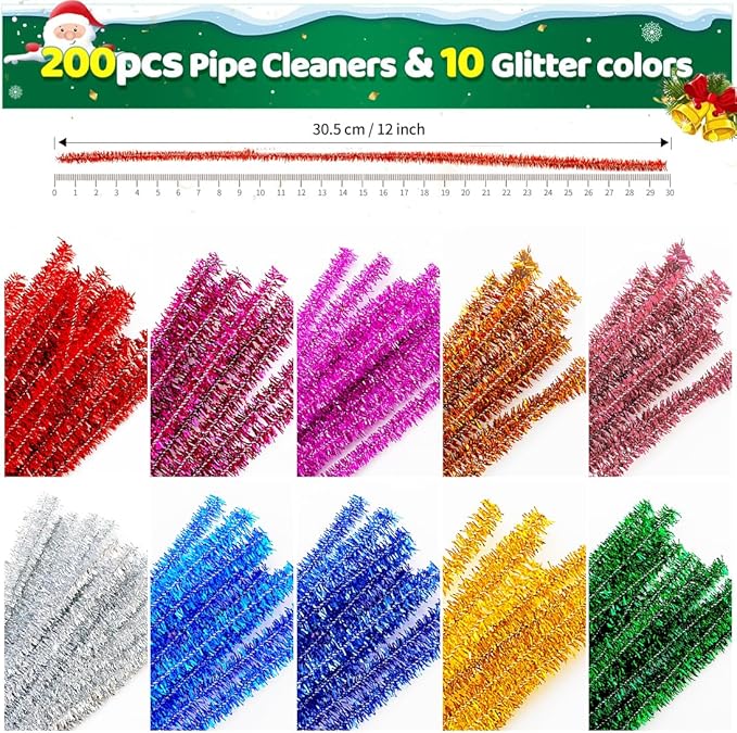 IOOLEEM 200pcs in 10 Glitter Colors, Pipe Cleaners,Glitter Pipe Cleaners, Chenille Stems, Pipe Cleaners for Crafts, Pipe Cleaner Crafts, Art and Craft Supplies.