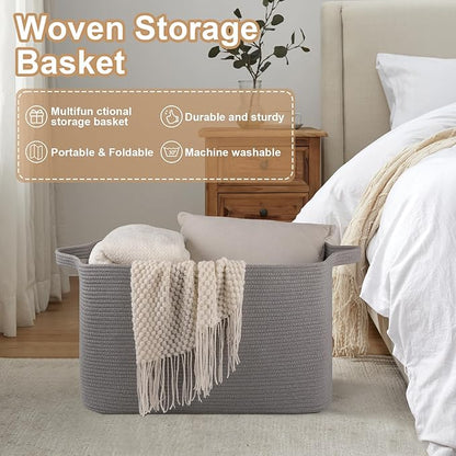 OIASKET Extra Large Blanket Basket, 24" x 16.9" x 14.2" Woven Storage Basket for Living Room, Rectangle Nursery Blanket Storage for Toys, Towels, Dirty Clothes (Light Grey)